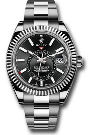 Replica Rolex White Rolesor Sky-Dweller Watch 326934 Black Index Dial Oyster Bracelet